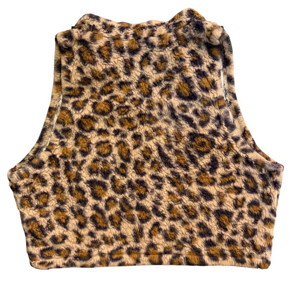 SHEIN Leopard Print Fuzzy Cropped Zip Up Jacket Vest Sherpa Large Brown Tan - Picture 3 of 5